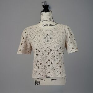 Ultra Pink Crochet Top S Beige Short Sleeve Circle Pattern Cotton‎ Knit